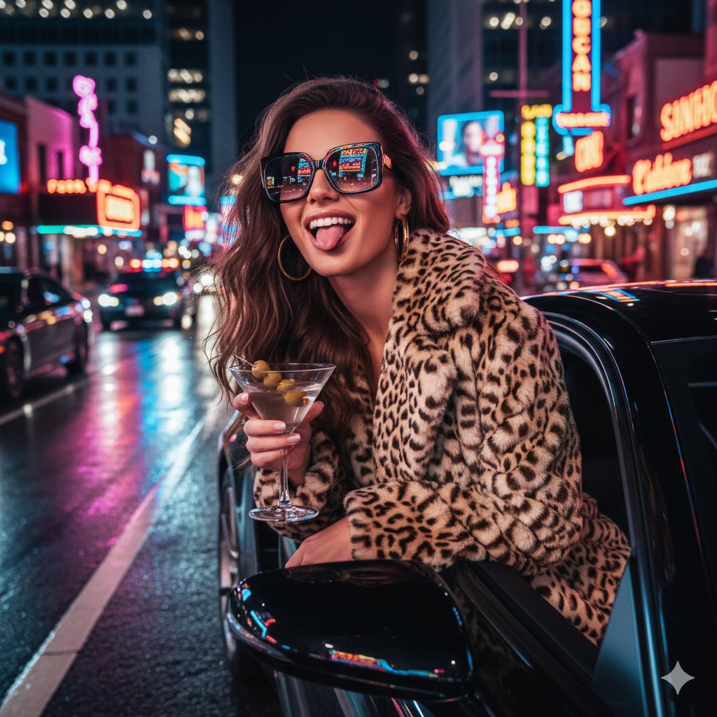 AI Prompt for Neon Fashion Portrait: Luxury Car Nighttime Glamour