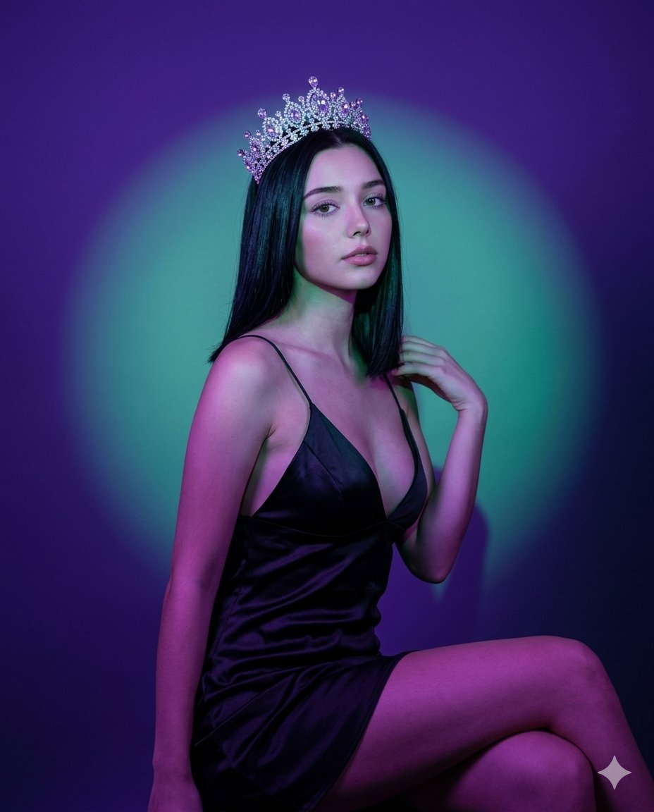 AI Prompt for Neon-Lit Fashion Portrait with Crowned Woman