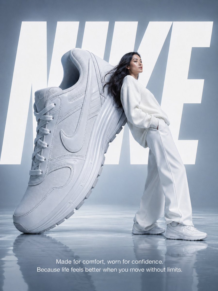 AI Prompt for Nike Fashion Poster: High-Fashion Sneaker Ad with Model and Text