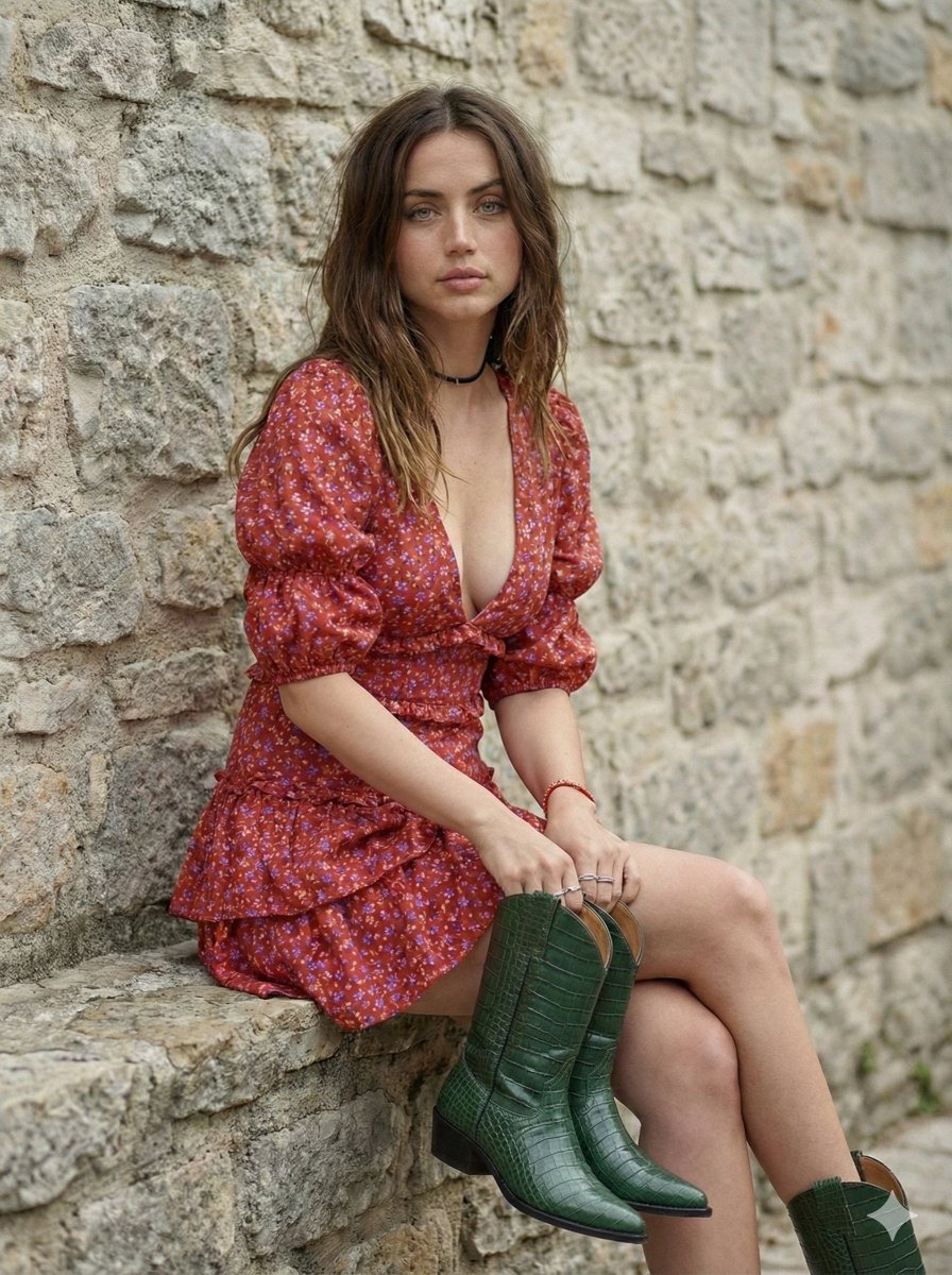 AI Prompt for Photorealistic Bohemian Portrait of Ana de Armas in Floral Dress - High-Fidelity Cowboy Boot