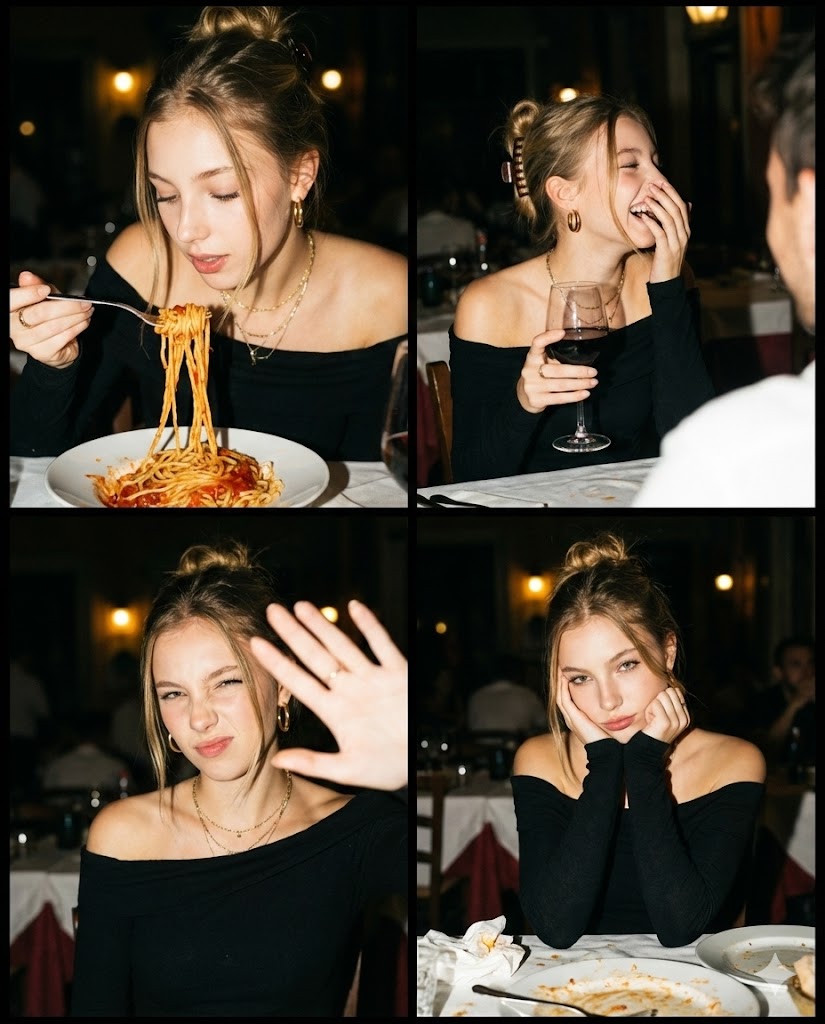 AI Prompt for Photorealistic Fashion Photos of Model in Italian Trattoria
