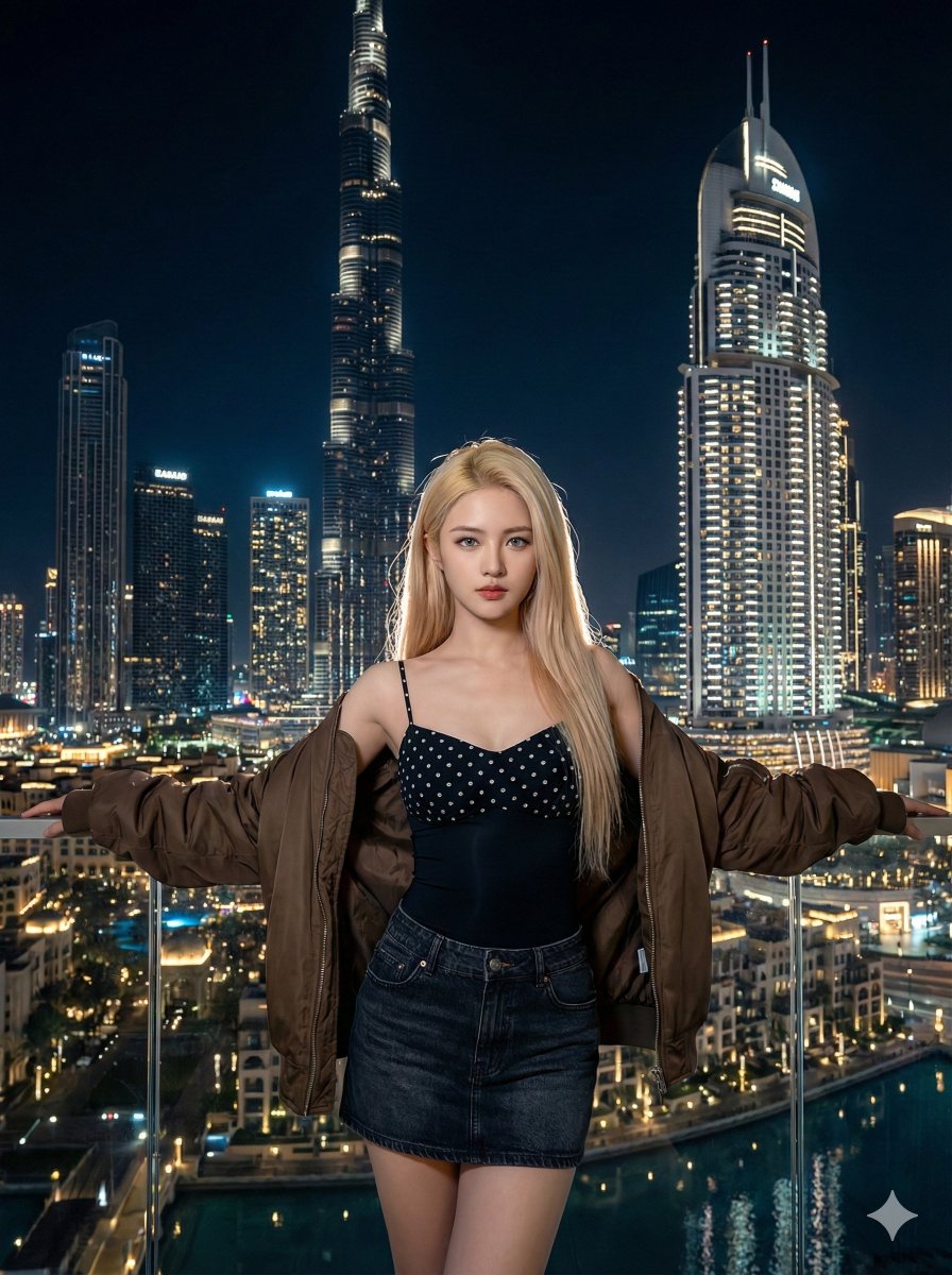 AI Prompt for Photorealistic Fashion Portrait with Dubai Cityscape at Night