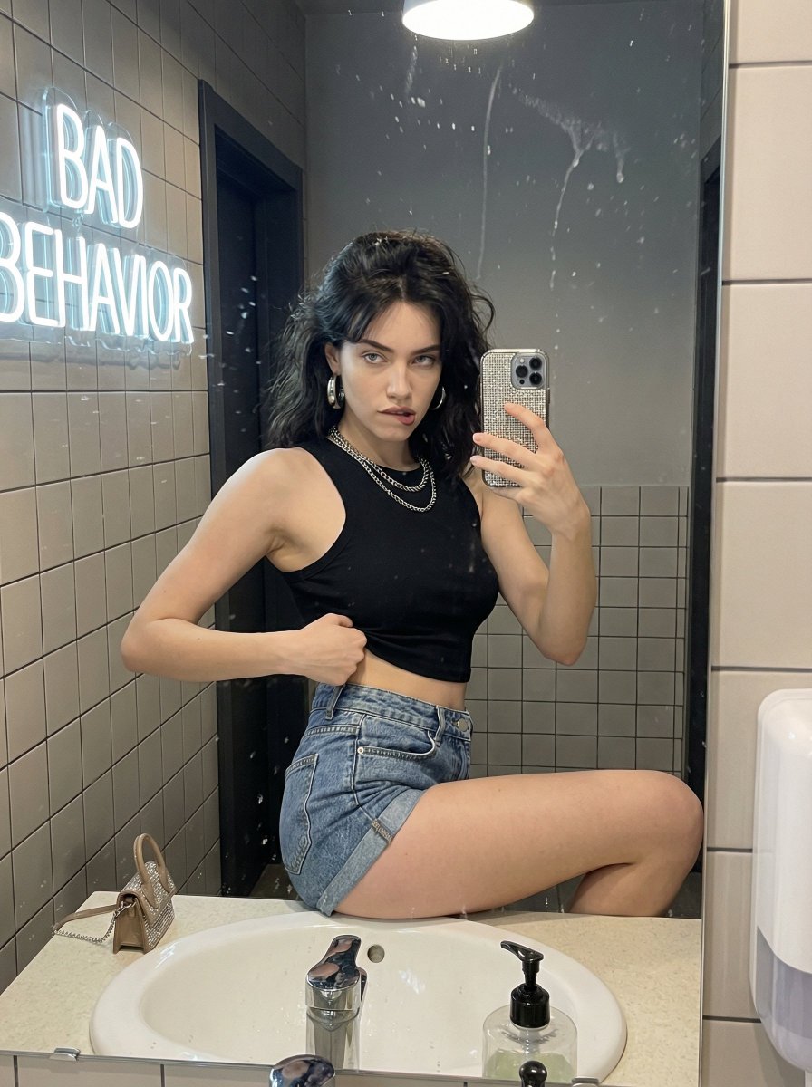 AI Prompt for Photorealistic Fashion Selfie in a Vibrant Café Bathroom