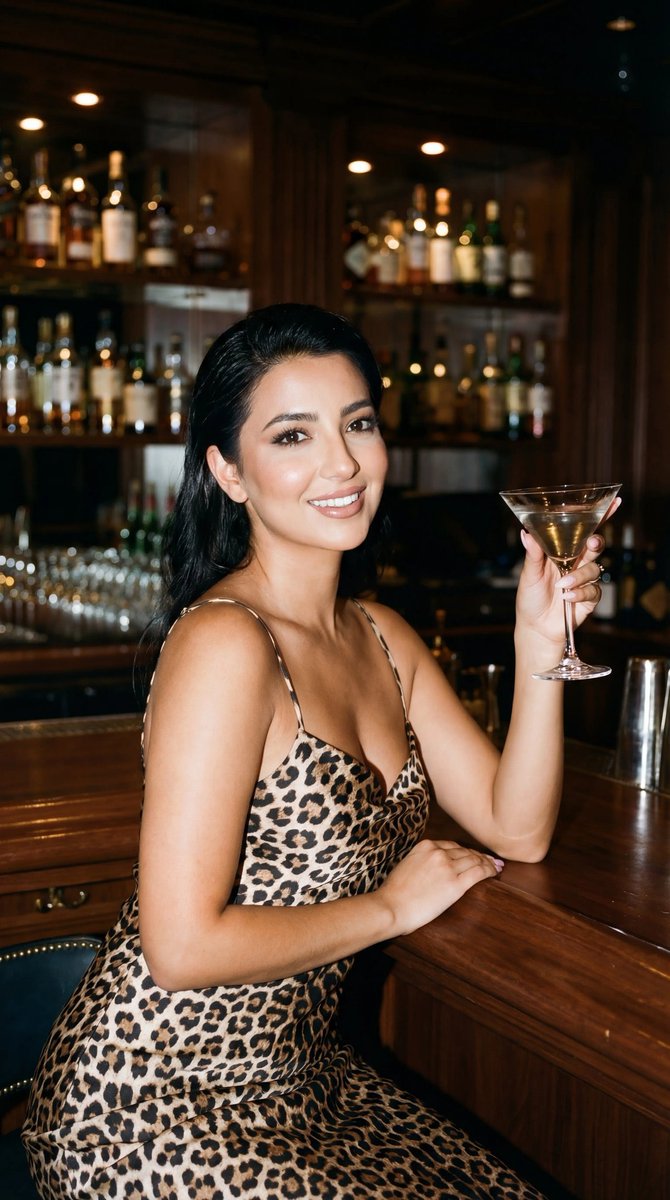 AI Prompt for Photorealistic Luxury Bar Portrait with Leopard Dress