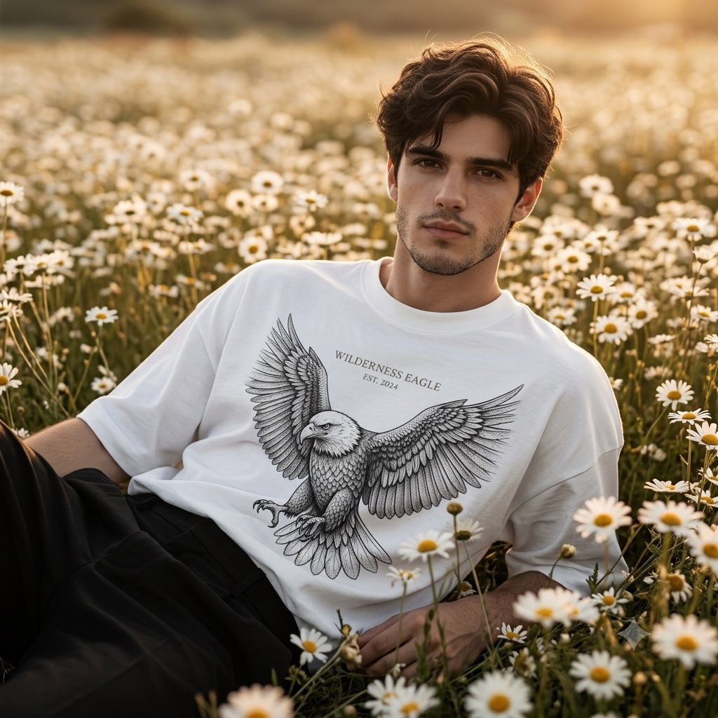 AI Prompt for Product Photography: Male Model in a Daisy Field Streetwear Campaign