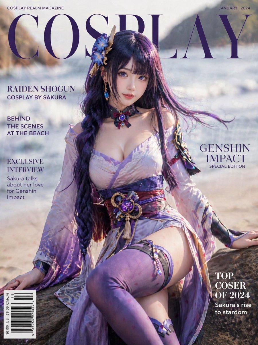 AI Prompt for Raiden Shogun Beach Cosplay Cover Design