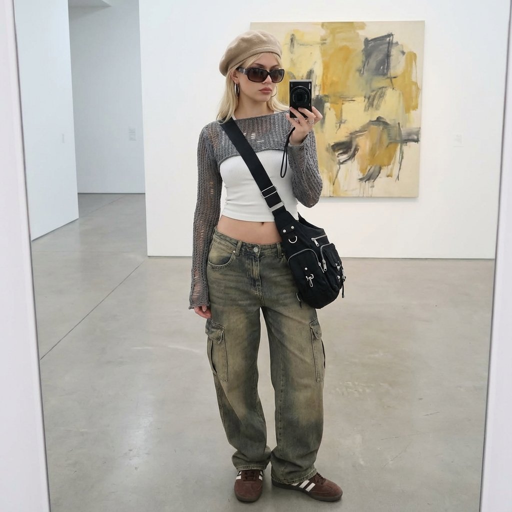 AI Prompt for Realistic Editorial Fashion Photos with Mirror Selfies in Modern Art Galleries
