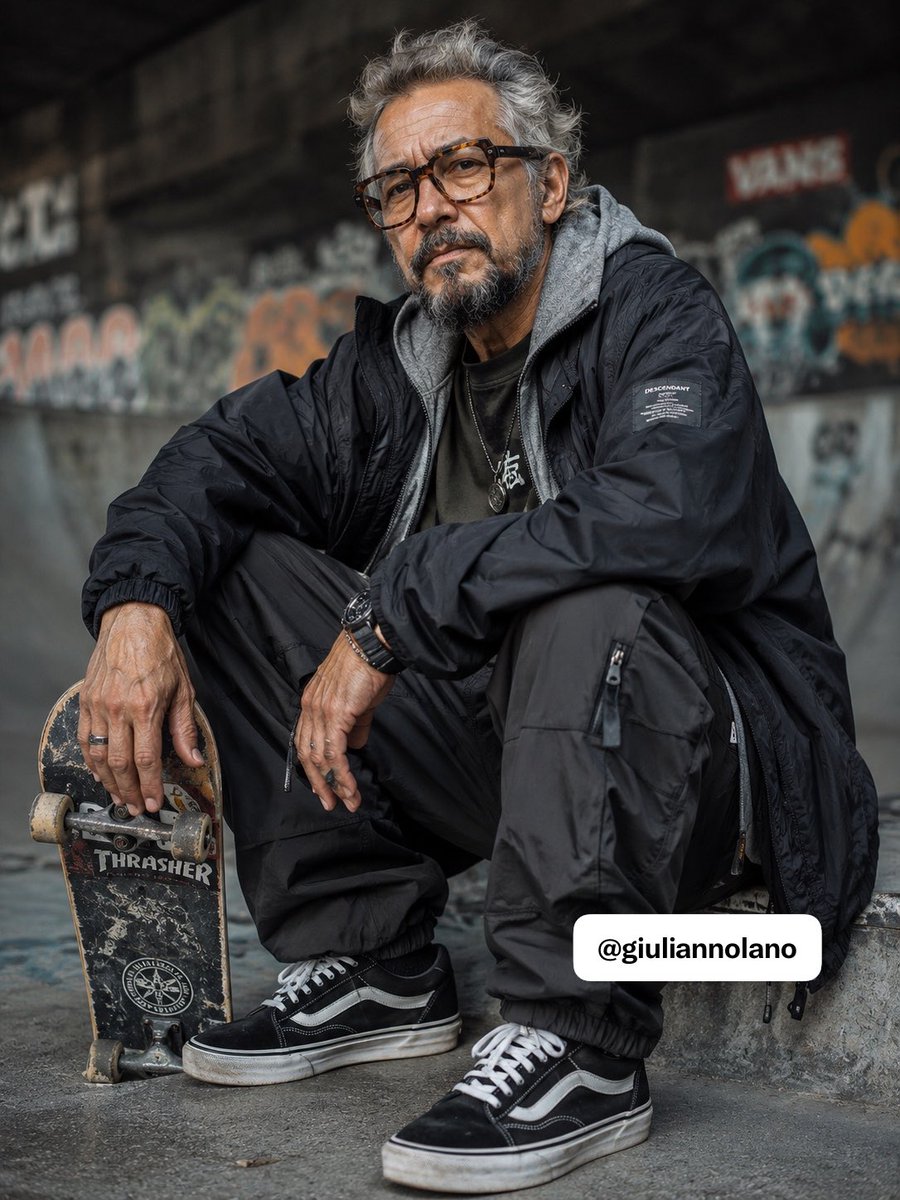 AI Prompt for Realistic Elderly Skater Portraits with Dark Streetwear