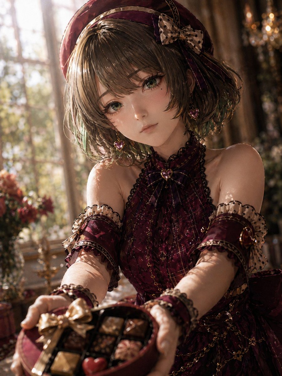 AI Prompt for Realistic Fashion Portrait of a Young Woman in a Burgundy Valentine's Day Costume