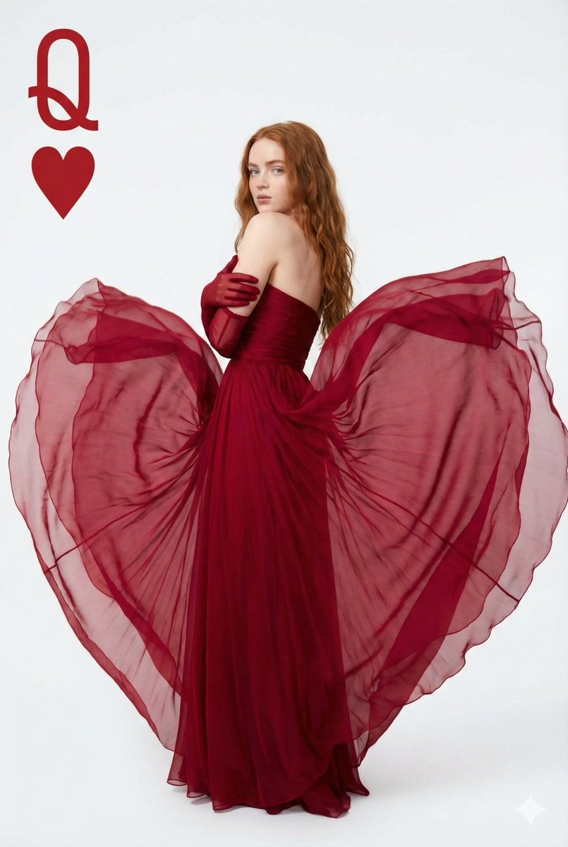 AI Prompt for Realistic Fashion Portrait with Heart-Themed Backdrop and Crimson Ballgown