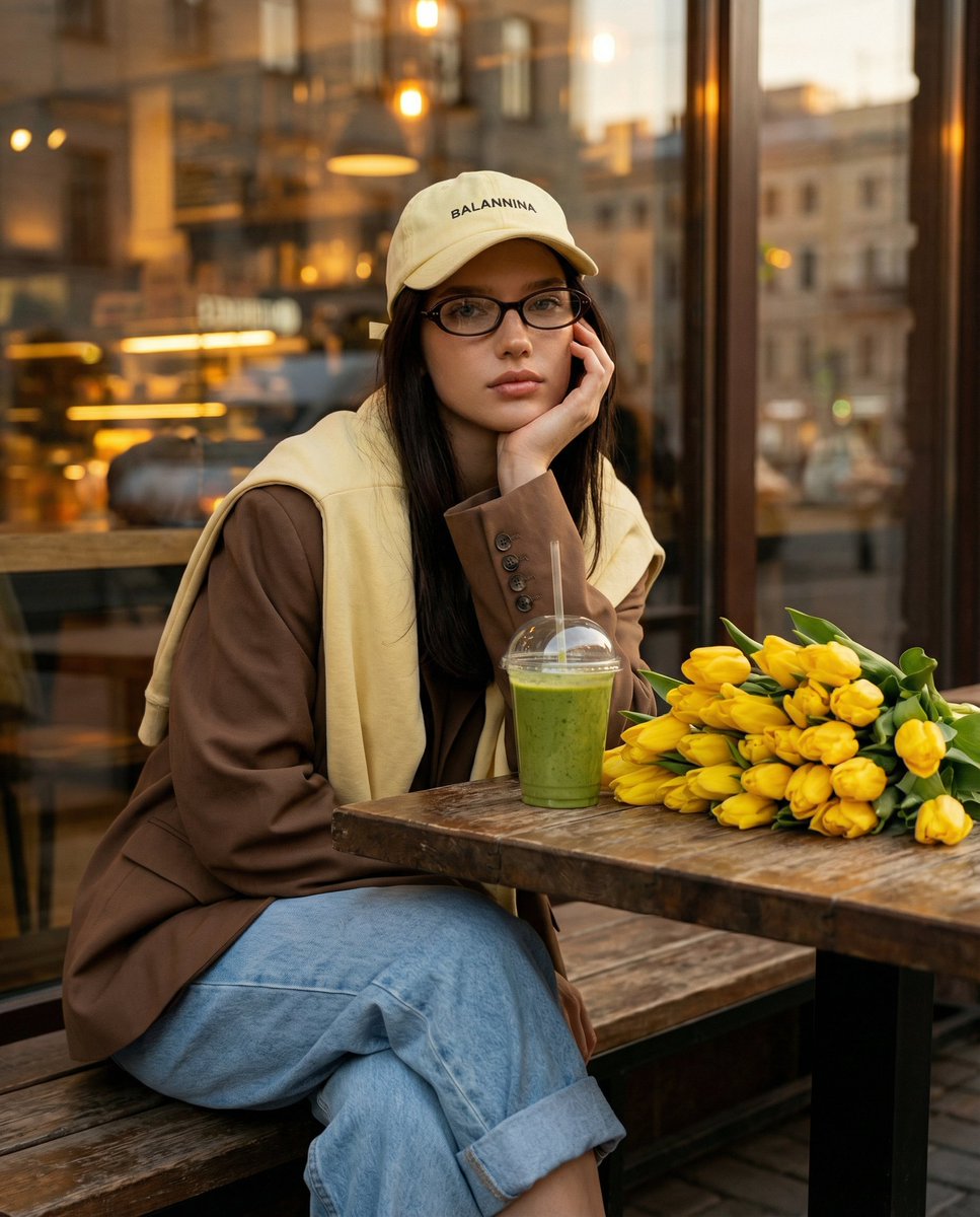 AI Prompt for Realistic Portrait Photography with Fashion Model in Urban Cafe