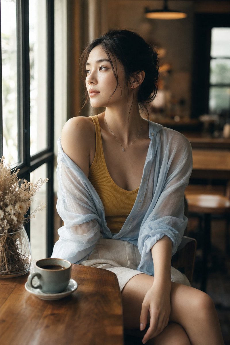 AI Prompt for Realistic Window Café Fashion Portrait