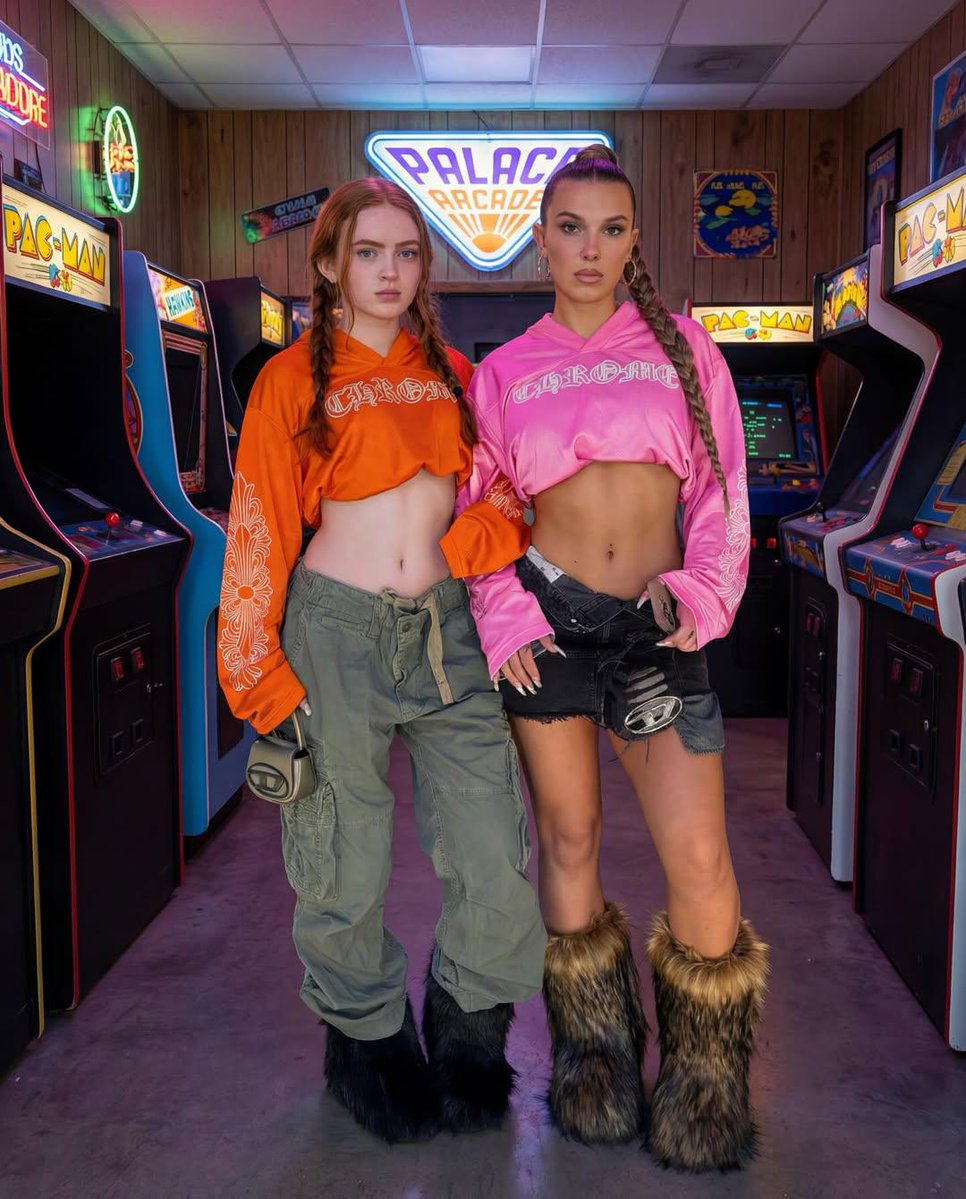 AI Prompt for Retro Arcade Duo: Y2K Fashion, Detailed Lighting