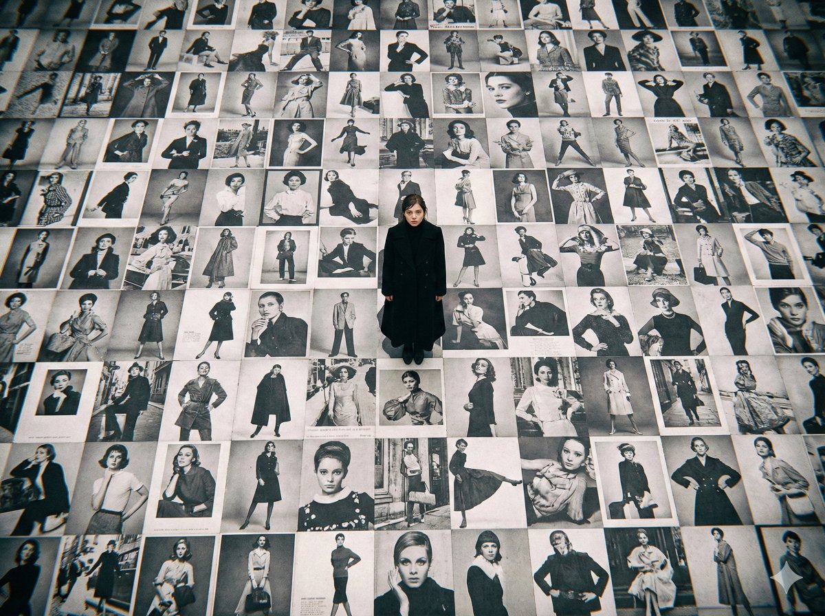 AI Prompt for Retro Fashion Model on Billboard-Covered Ground