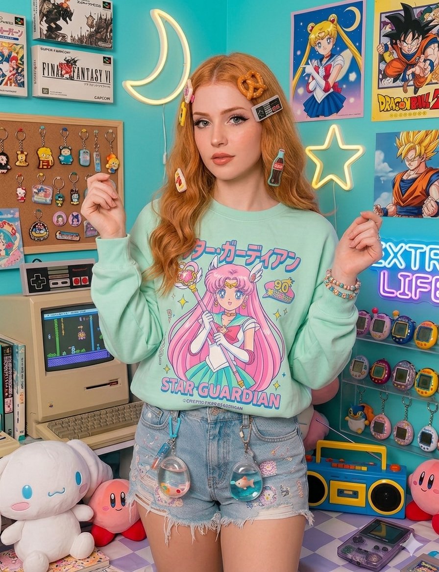 AI Prompt for Retro-Inspired Female Portrait with 90s/2000s Collectibles