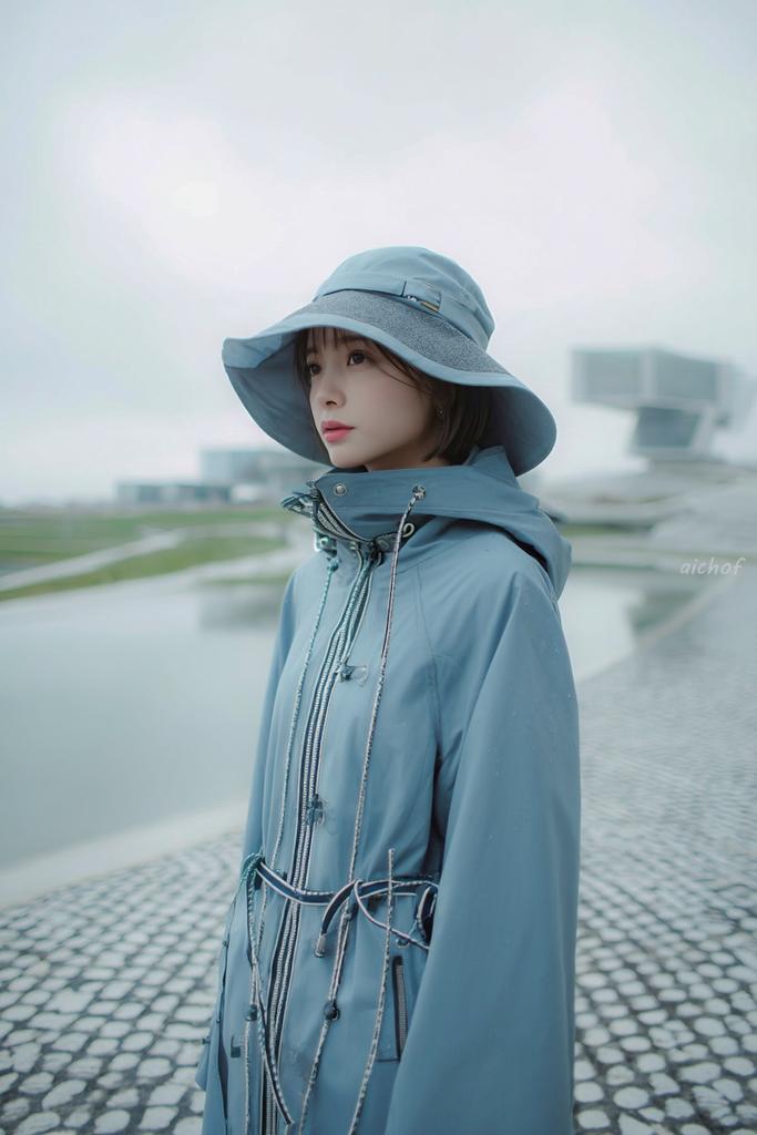 AI Prompt for Soft, Monochromatic Editorial Portrait of Woman in Rain Outfit