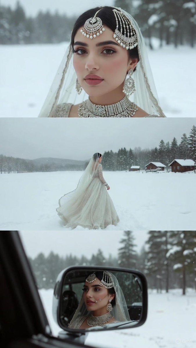 AI Prompt for South Asian Bride Portrait Collage in Snowy Landscape