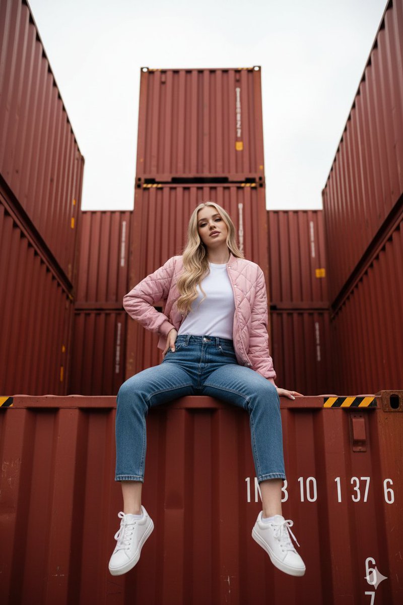 AI Prompt for Streetwear-Inspired Portrait of a Blonde Woman on a Red Shipping Container