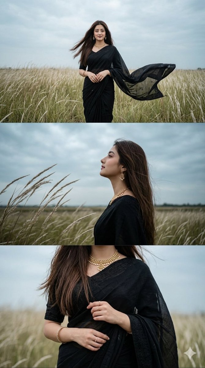 AI Prompt for Stylish Black Saree Fashion Portrait with Cinema Effects