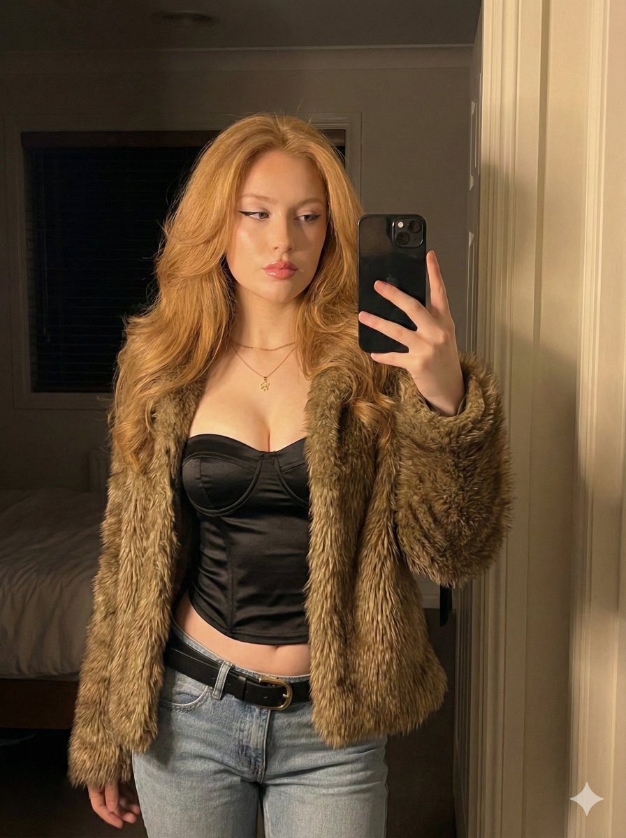 AI Prompt for Stylish Female Portrait Photography in Faux Fur Jacket and Corset Top