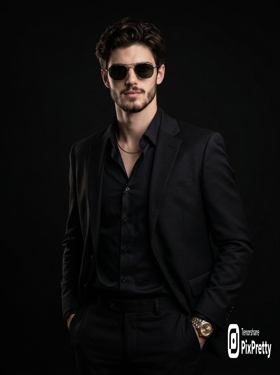 AI Prompt for Stylish Male Model in Black Suit - Golden Accents