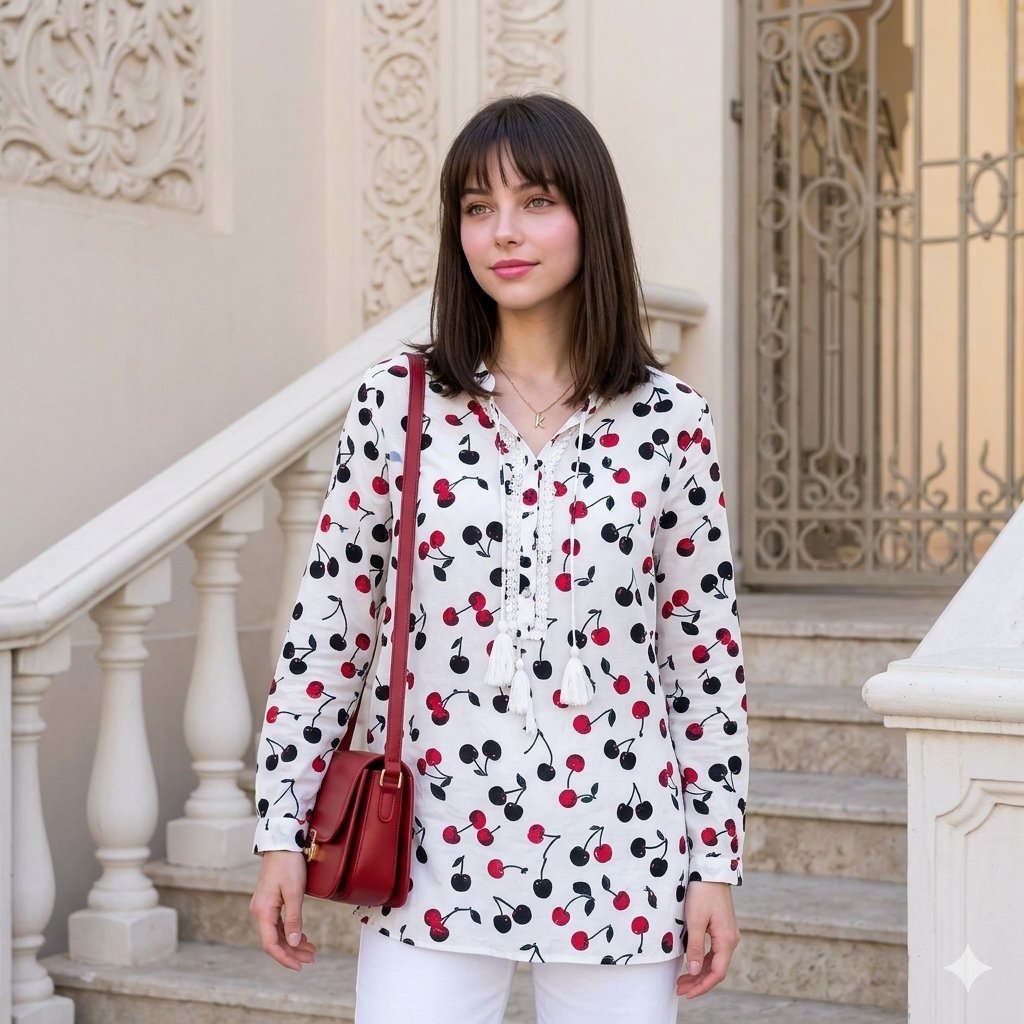 AI Prompt for Summer Fashion Photography - Cherry Print Tunic and Red Leather Handbag