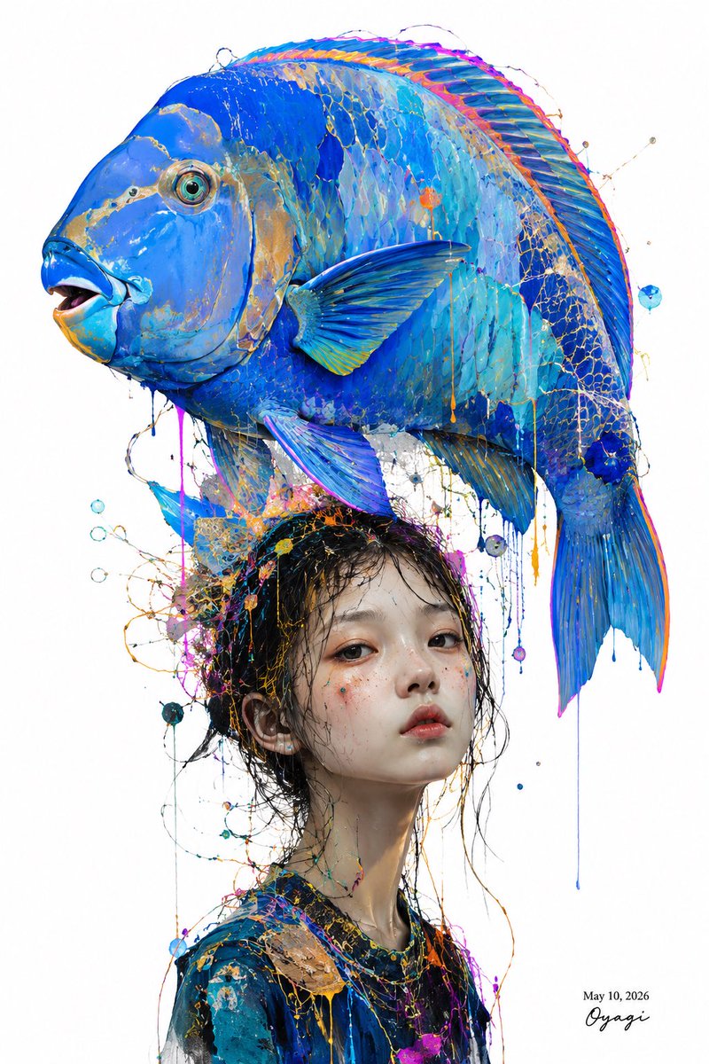 AI Prompt for Surreal Blue Fish Fashion Portrait with Dynamic Paint Splashes