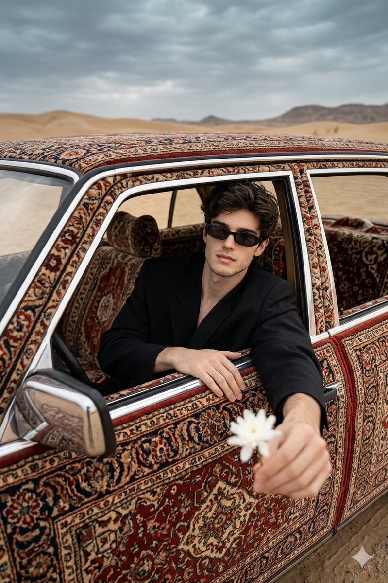 AI Prompt for Surreal Fashion Editorial with Carpet-Covered Vintage Car and Desert Landscape