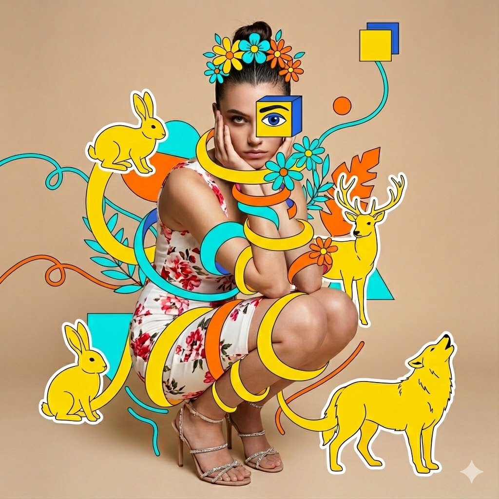 AI Prompt for Surreal Fashion Portrait Collage with Animal Illustrations