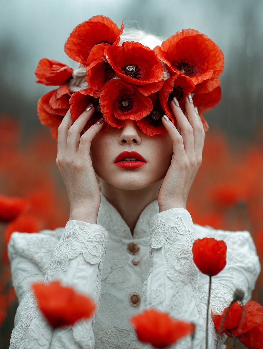 AI Prompt for Surreal Fine-Art Portrait with Hidden Face in a Misty Poppy Field