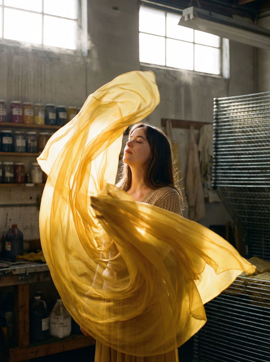 AI Prompt for Surreal Medium Format Portrait with Saffron Yellow Fabric in Dye Workshop