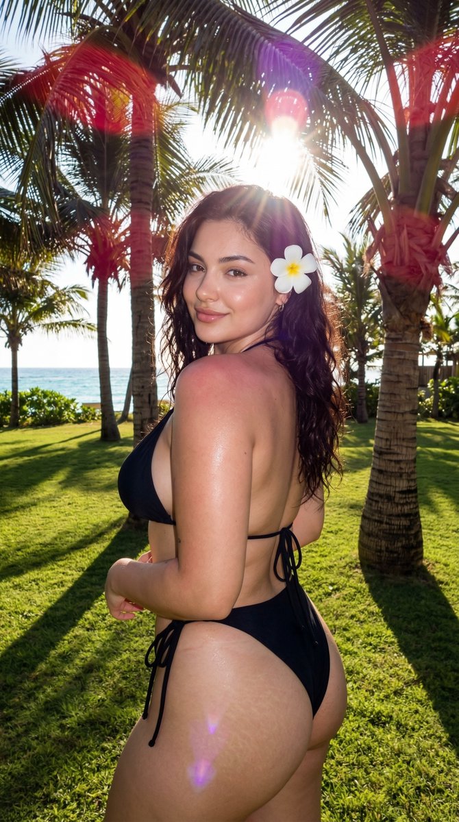 AI Prompt for Tropical Lawn Selfie with Black Bikini