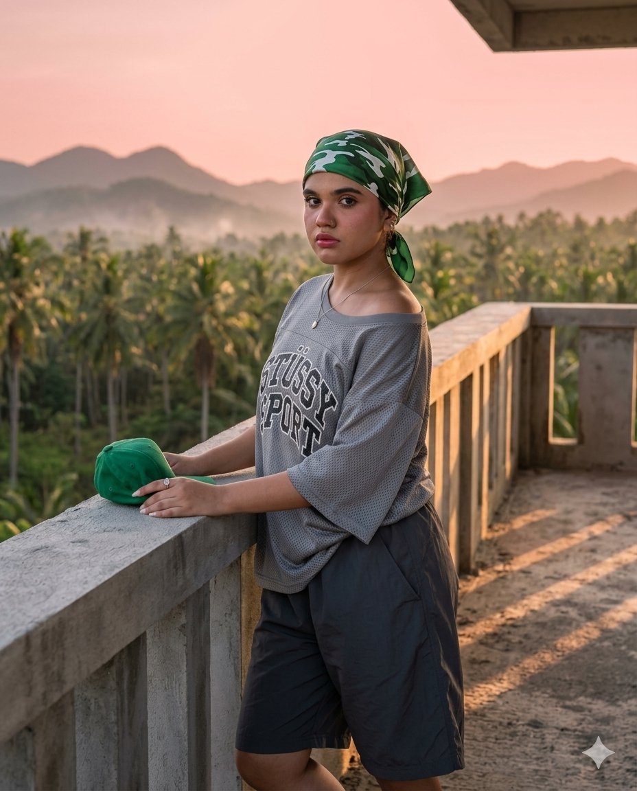 AI Prompt for Tropical Rooftop Fashion Portrait with Golden Hour Effect