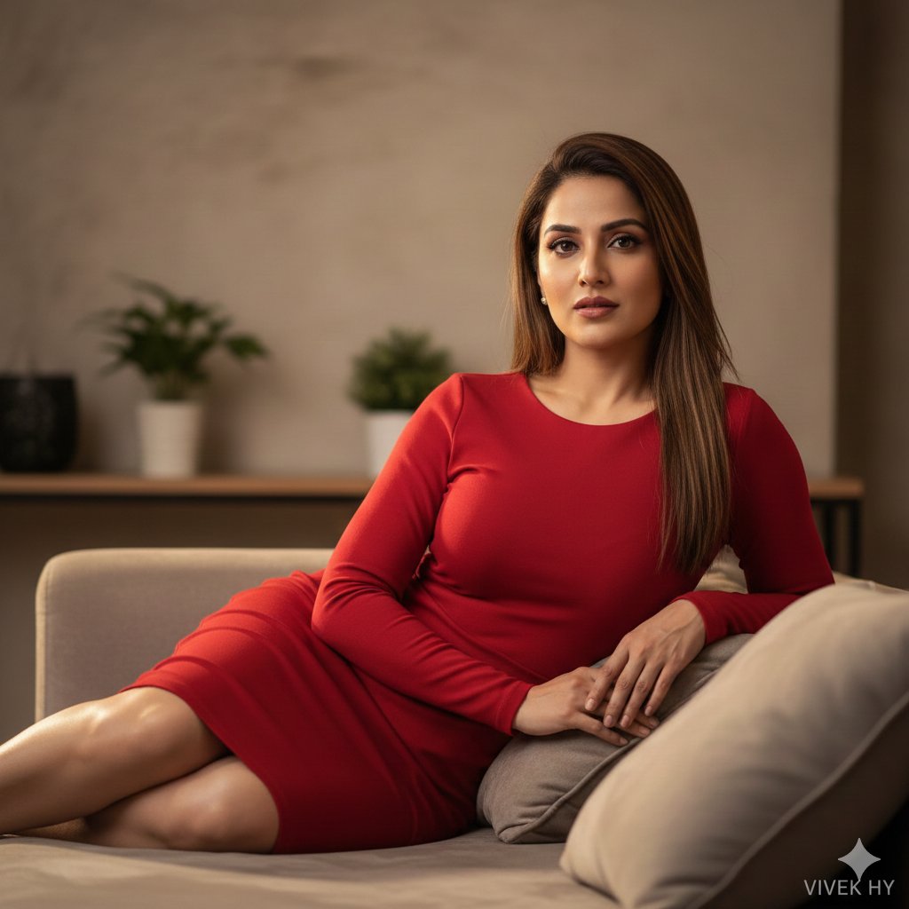 AI Prompt for Ultra-Detailed 8K Portrait of Confident Woman in Red Dress