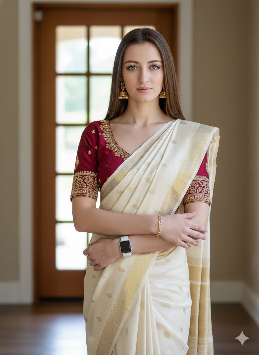 AI Prompt for Ultra-Realistic 8K Portrait of Woman in Saree and Apple Watch