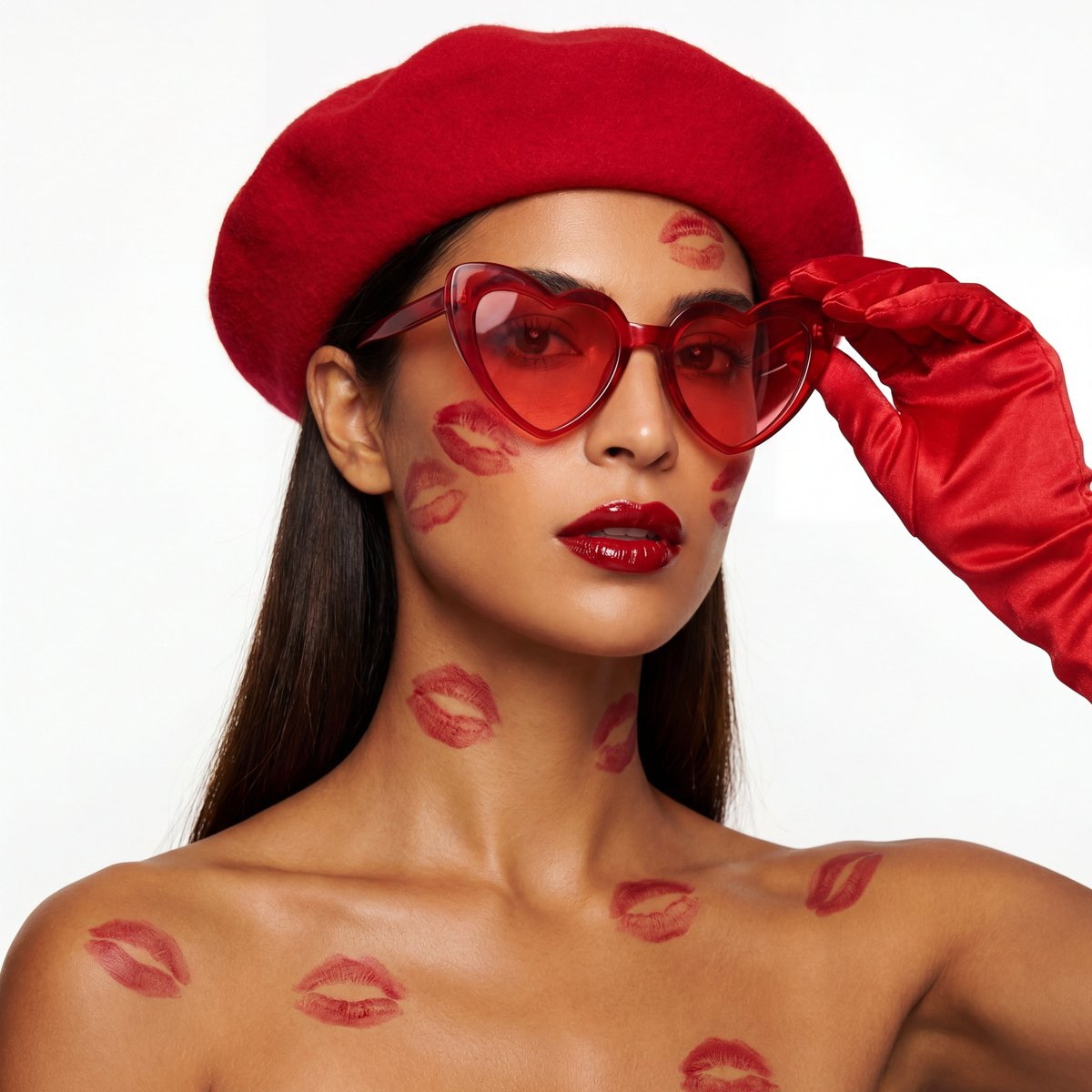 AI Prompt for Ultra-Realistic Beauty Fashion Editorial Portraits with Red Lipstick Kiss Marks
