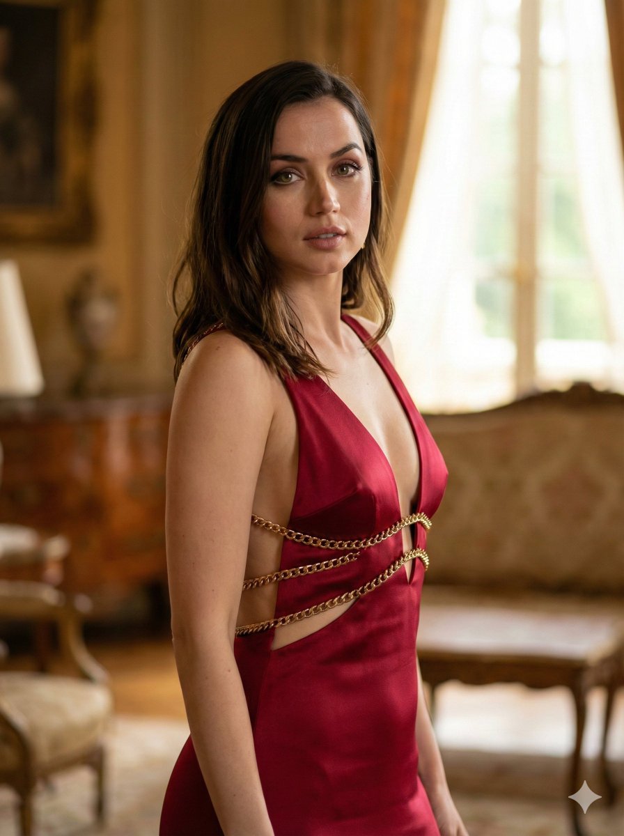AI Prompt for Ultra-Realistic Fashion Portrait of Ana de Armas in Red Satin Gown