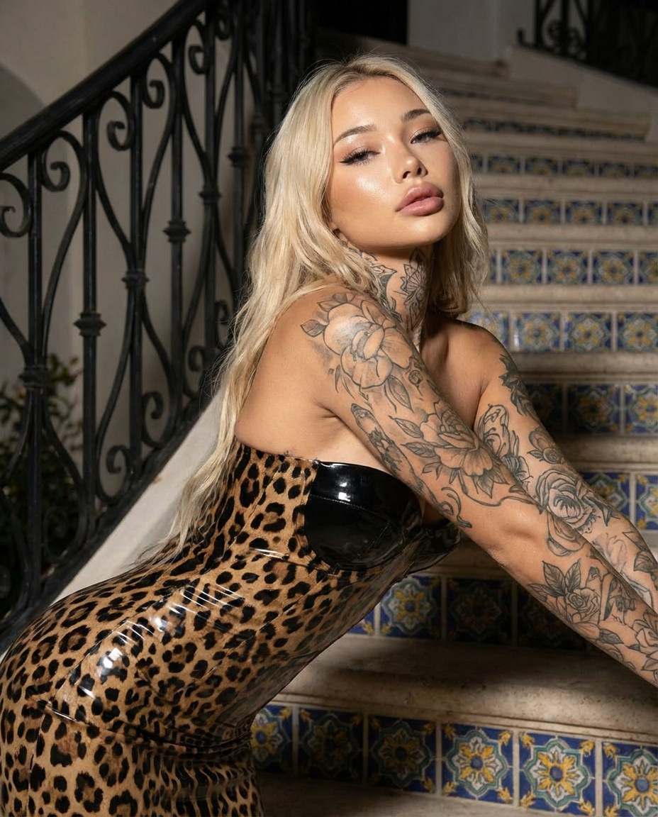 AI Prompt for Ultra-Realistic Fashion Portrait of Blonde Woman in Leopard Latex