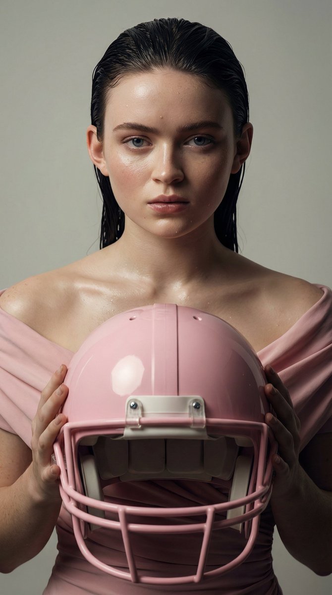 AI Prompt for Ultra-Realistic Fashion Portrait of Sadie Sink in Pastel Pink Football Helmet