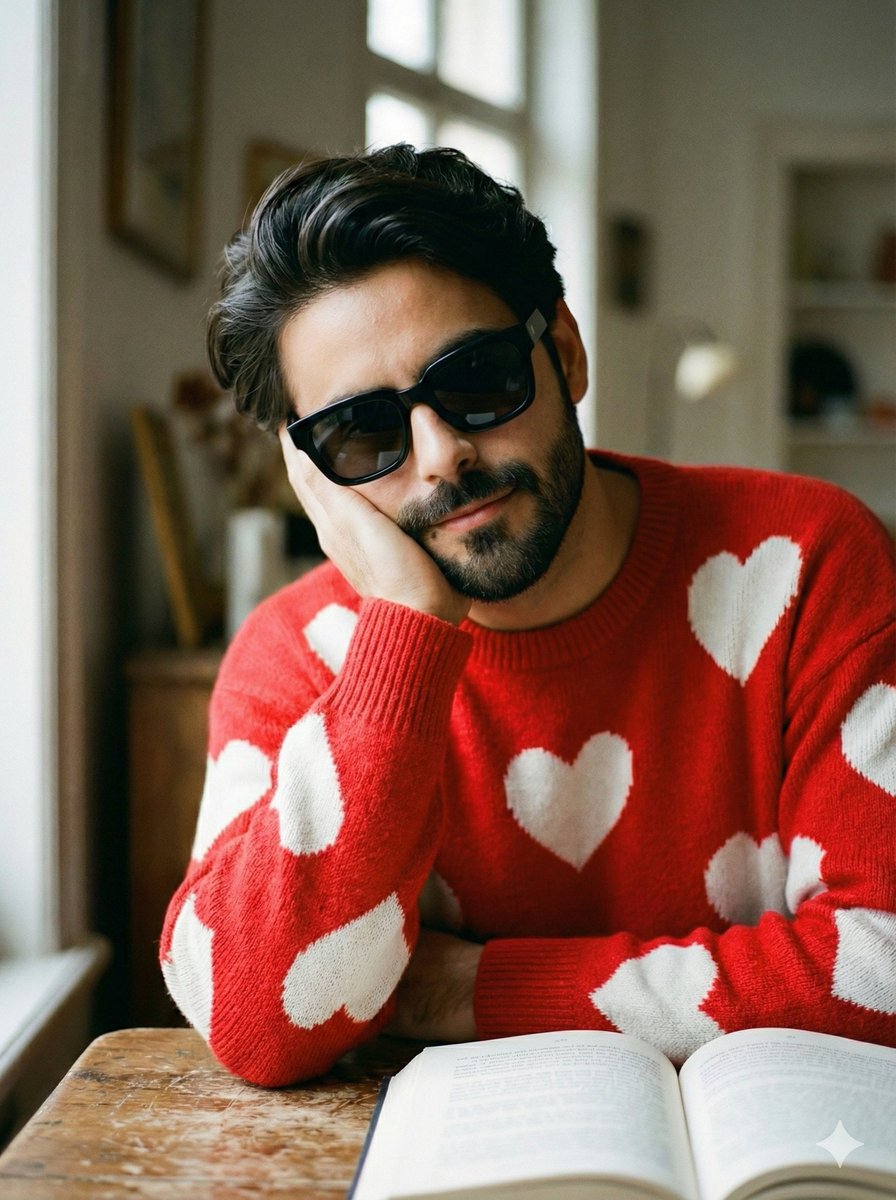 AI Prompt for Ultra-Realistic Portrait of Man Reading in Cozy Red Sweater
