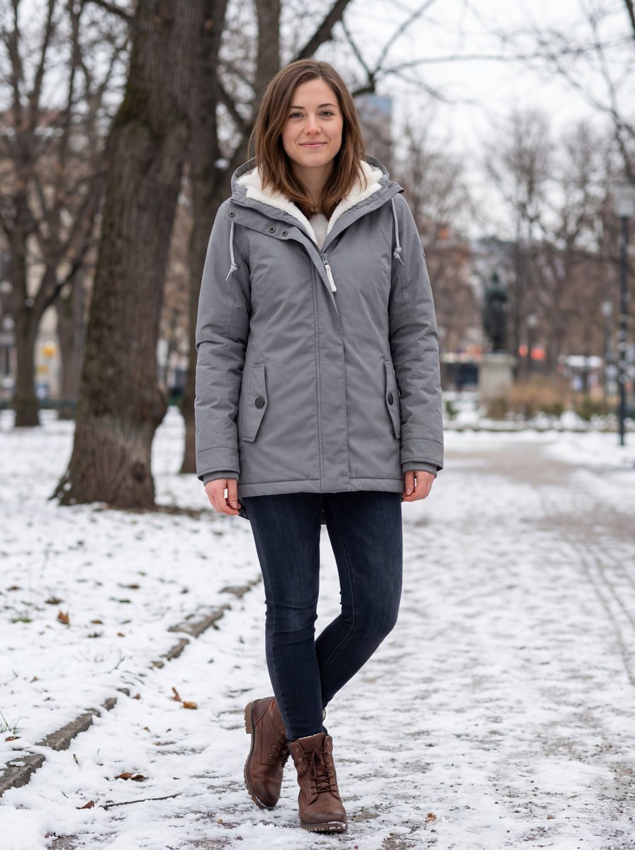 AI Prompt for Ultra Realistic Winter Fashion Photography: Grey Fleece-Lined Jacket