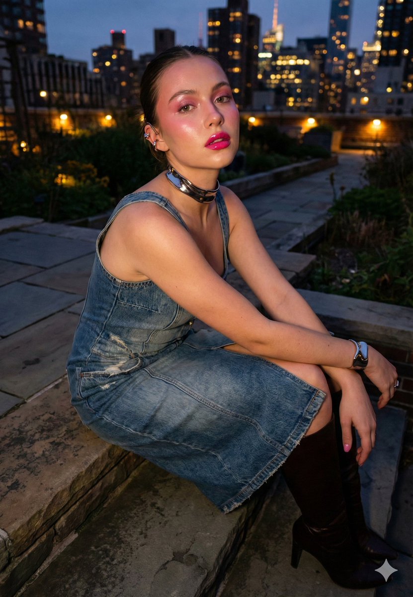 AI Prompt for Urban Chic Fashion Portraits at Night - Cinematic Rooftop Photos
