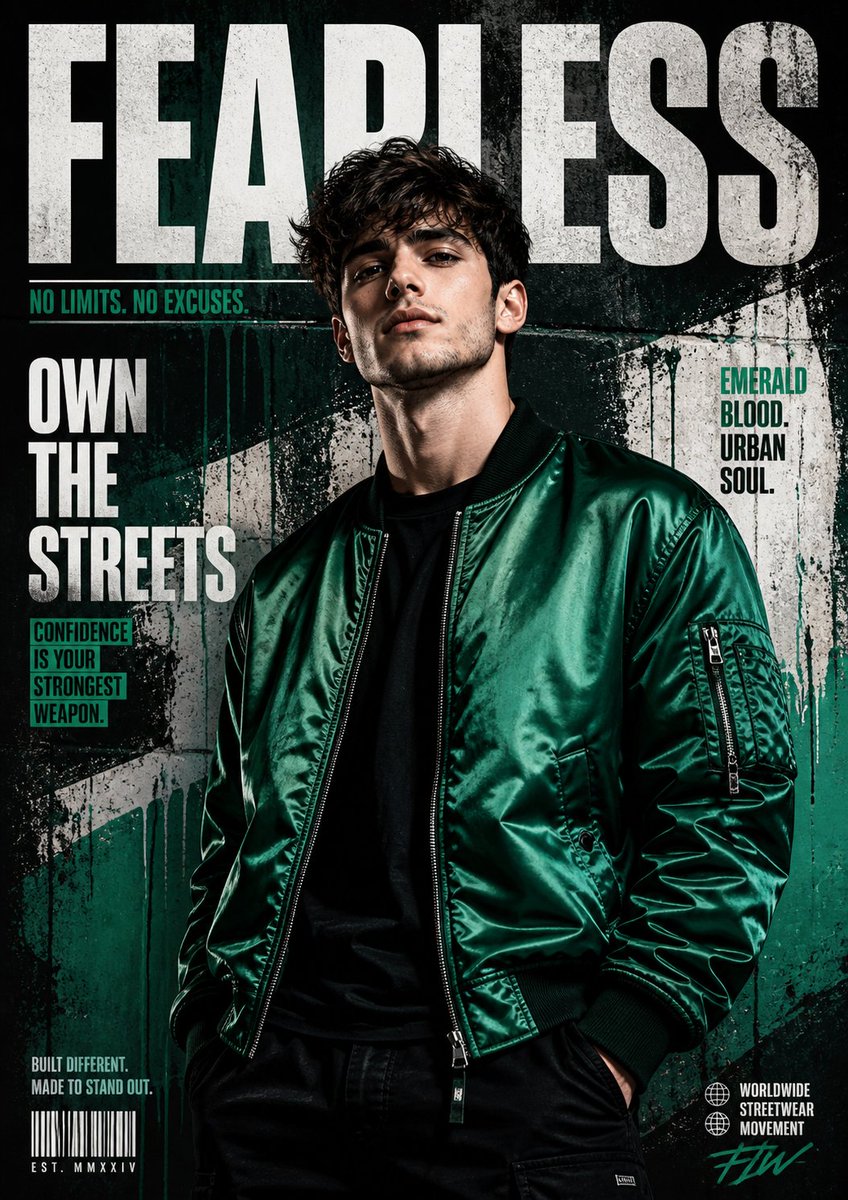 AI Prompt for Urban Fashion Photography - Male Model in Emerald Bomber Jacket