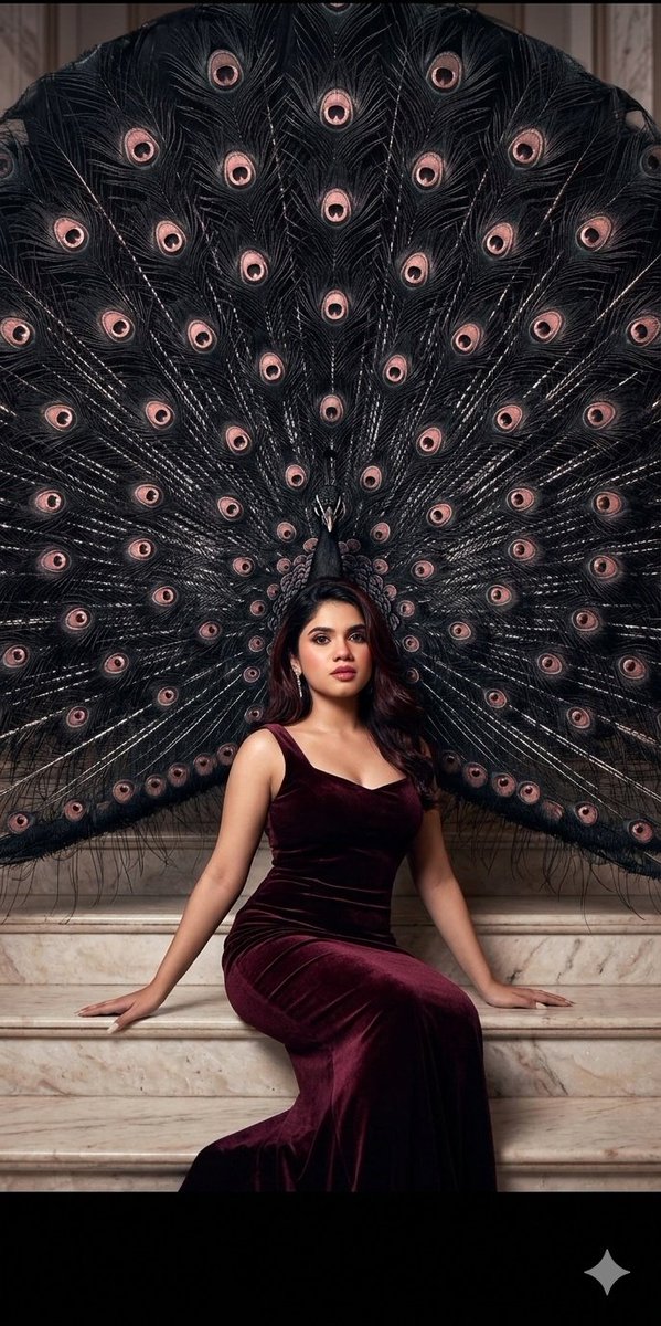 AI Prompt for Velvet Fashion Photography with Giant Peacock Background