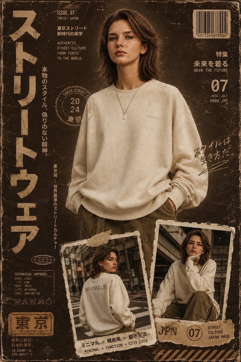 AI Prompt for Vintage Streetwear Magazine Poster with Retro Distressed Japanese Fashion Design