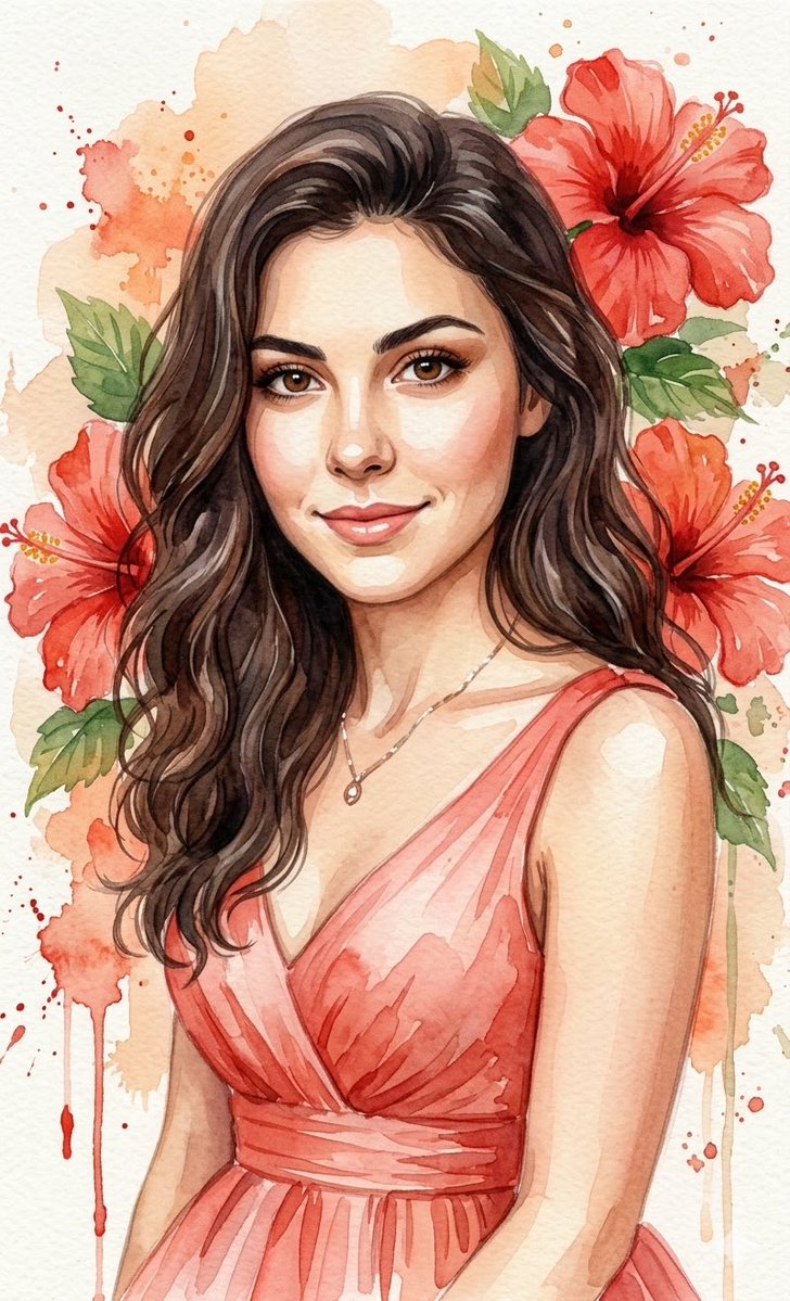 AI Prompt for Watercolor Portrait with Hibiscus Flower Background