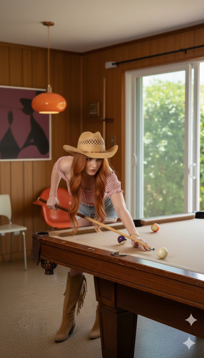 AI Prompt for Western-Inspired Mid-Century Modern Pool Hall Photo - Influencer Model