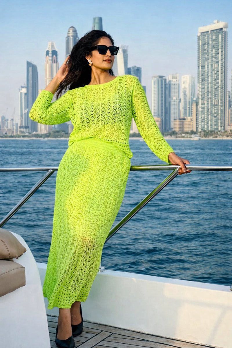 AI Prompt for Yacht Lifestyle Portrait with Neon Green Knitwear