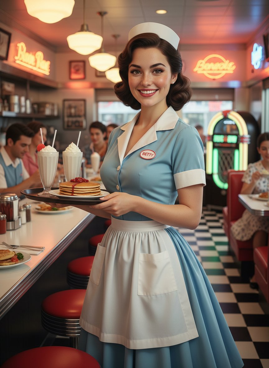AI Prompt: Generate a 1950s American Diner Scene with a Vintage Waitress - Perfect for Social Media Post and Photography Projects