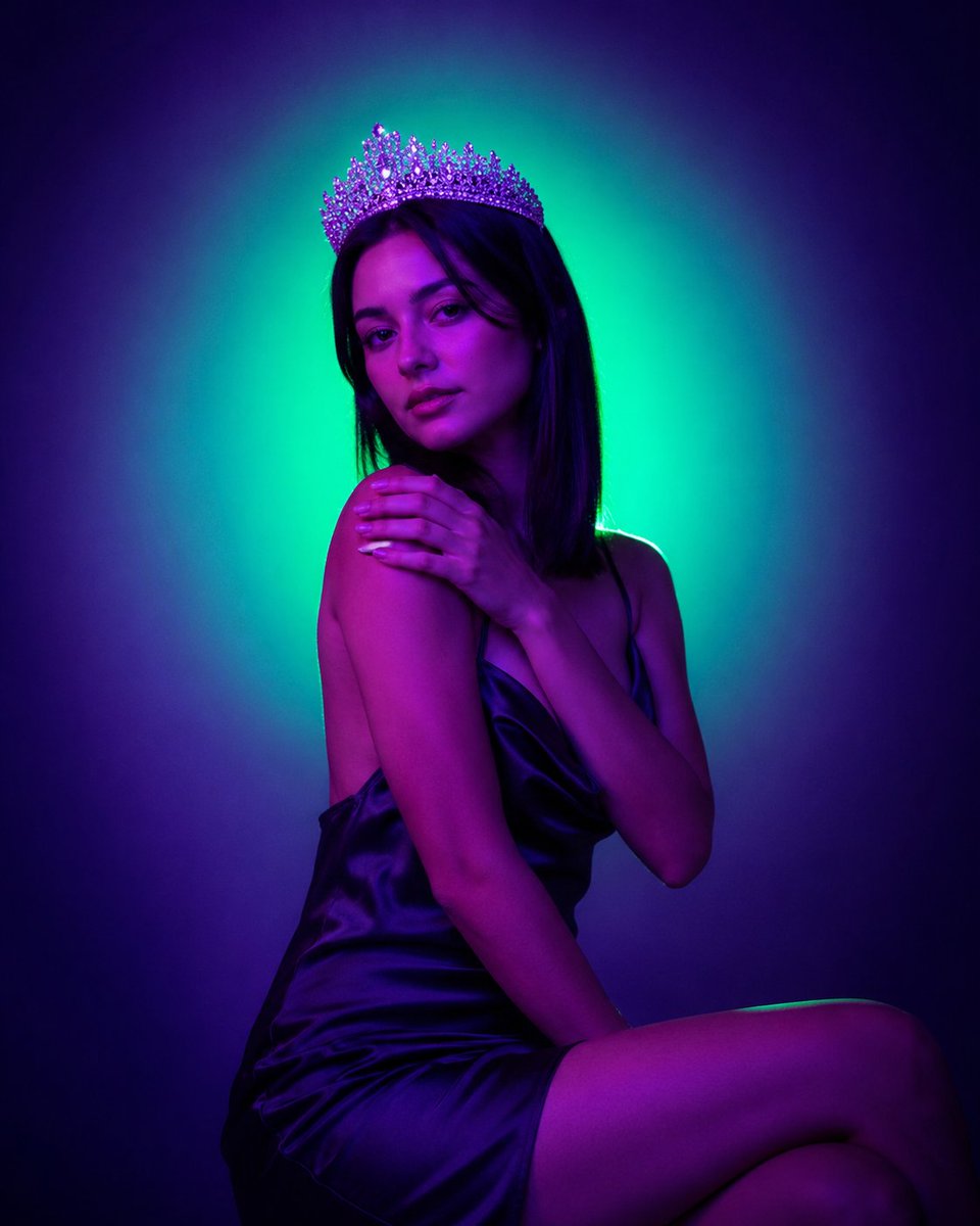 AI Prompt: Generate a Glamorous Neon Fashion Portrait of a Crowned Woman with Dramatic Lighting